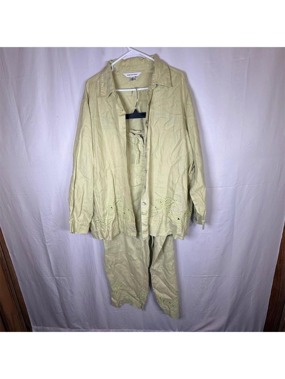 August Max Woman Outfit Set Womens 1X Green Button Shirt Drawstring Pants
